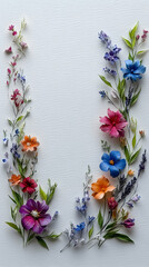 A colorful floral arrangement adorns two sides of a white surface creating a visually appealing frame