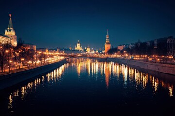 Obraz premium Nighttime cityscape reflected in river