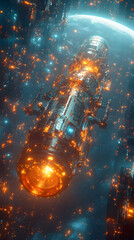 Fototapeta premium A cylinder spaceship surrounded by glowing objects set against a distant blue and white planet