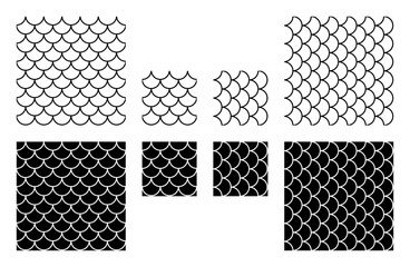 Seamless scale pattern tiles. Templates with patterns similar to fish and snake scales or roof shingles, to string them together seamlessly in all directions. Isolated black and white illustration. © Peter Hermes Furian