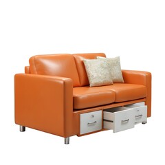 A modern orange leather loveseat sofa with white drawers, isolated on a white background