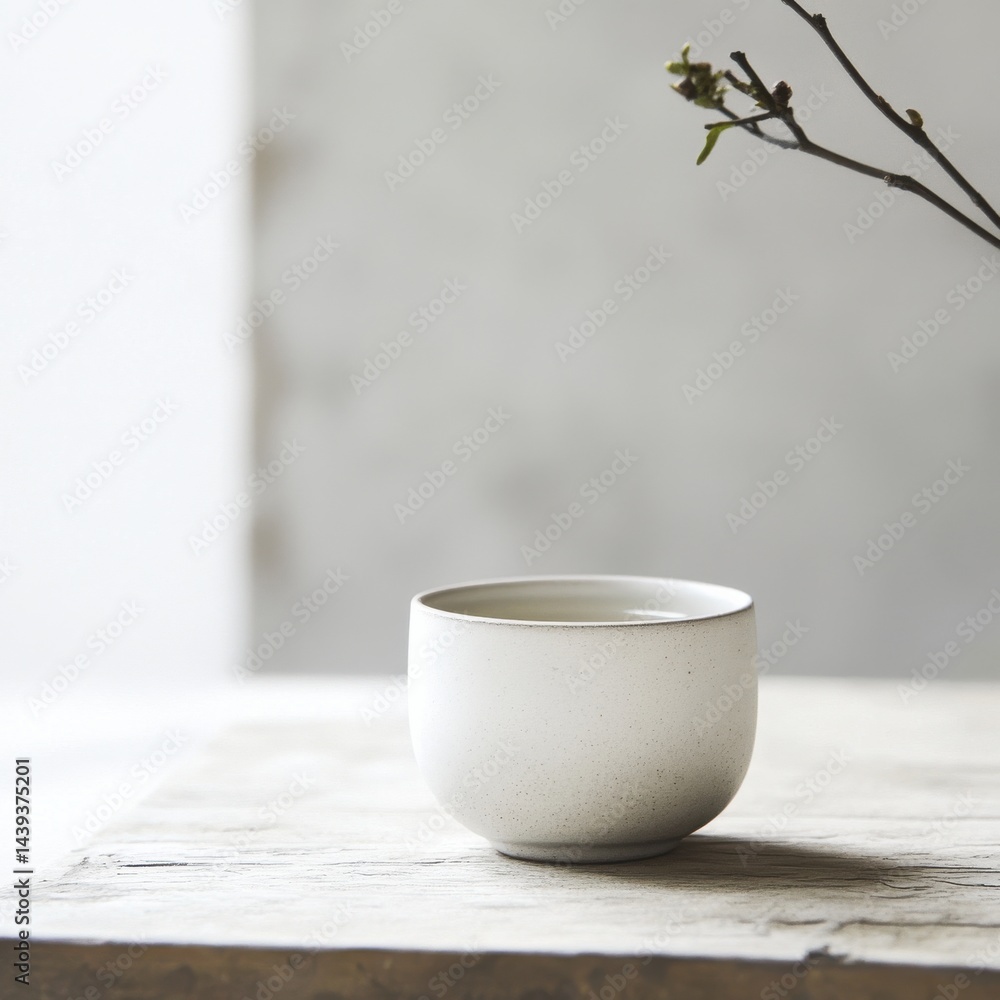 Aufkleber Simple ceramic cup on a rustic wooden surface with a twig in the background creates a calming and minimalist scene.