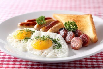 Classic Western Breakfast, Fried eggs, bacon, sausage with toast, Morning Meal Comfort --chaos 20.