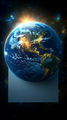 Earth viewed from space at sunrise with clouds and city lights resting on a gray platform in space