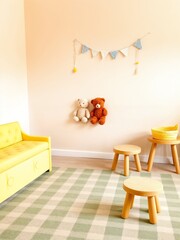 Cute children’s room interior with banner and cozy seating