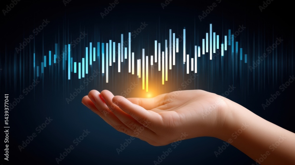 Poster a human hand gesturing towards a holographic data driven display showing financial analytics and mar