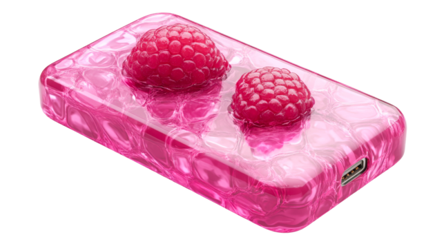 Raspberries on a pink shiny block, cut out transparent