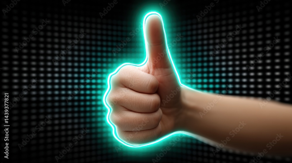 Poster a human hand with a glowing illuminated thumb gesture signifying digital approval and confirmation o