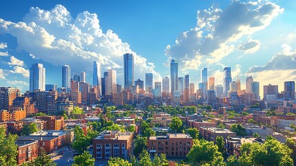 Obraz premium Vibrant Urban Landscape with Skyscrapers and Lush Greenery under a Bright Blue Sky