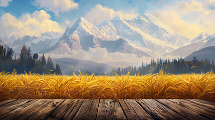 A scenic view of a lush green field in the foreground with a wooden platform, leading to a range of mist-covered mountains under a partly cloudy sky, creating a serene and picturesque landscape.