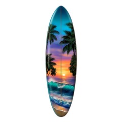 A surfboard with a vibrant tropical sunset design featuring palm trees, waves, and a colorful sky. The surfboard is isolated on a clean white background