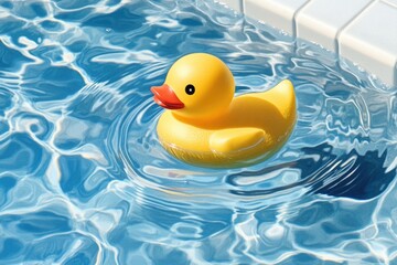 Yellow duck toy floats in swimming pool