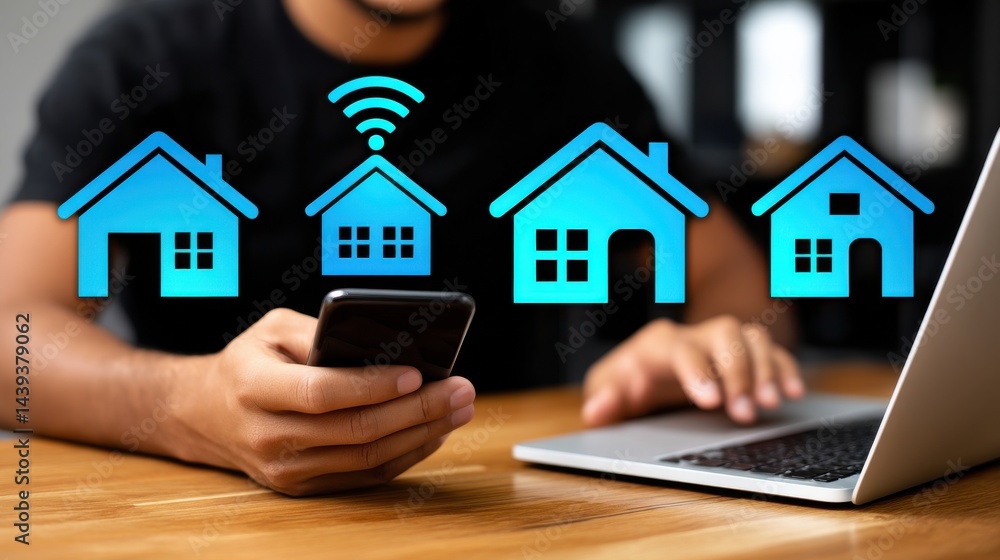 Poster a person using a smartphone and laptop to remotely control and manage various connected devices and 