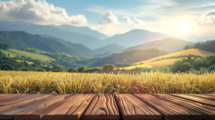 A scenic view of a lush green field in the foreground with a wooden platform, leading to a range of mist-covered mountains under a partly cloudy sky, creating a serene and picturesque landscape.