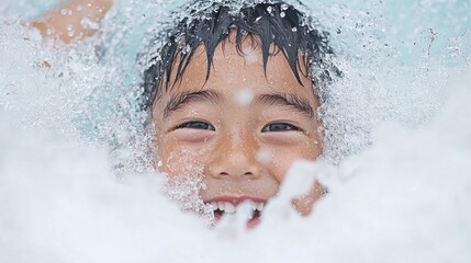 Joyful child submerges in water.  A young boy, face and upper body emerging from water, smiles cheerfully.  Water splashes and bubbles surround him
