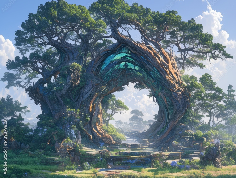 Poster mystical archway formed by ancient, intertwined trees leading to a serene path