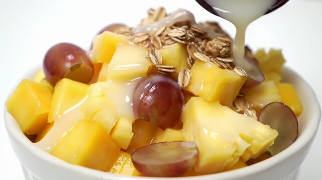 Close Up Of Bionico Mexican Fruit Salad With Mango Pineapple Grapes Drizzled With Sweetened Condensed Milk And Granola Isolated On White Background