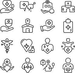 Medical Health Care Icons Set. Hospital, Doctor, Medicine, Wellness Line Art.