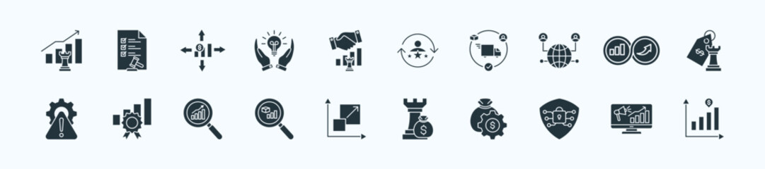 Business growth strategy thin icon set containing regulatory compliance,market expansion,innovation adoption,strategic alliance,talent development