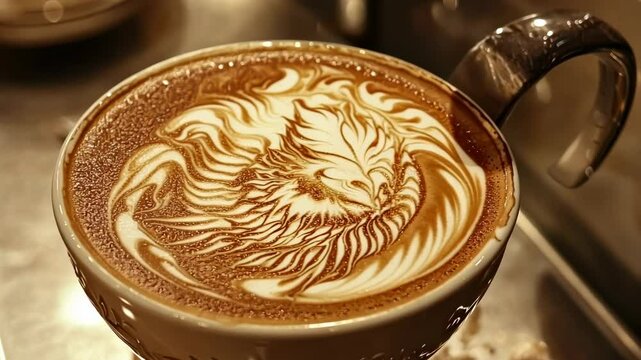 Barista crafts intricate swan latte art in coffee mug closeup sequence