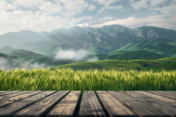 A scenic view of a lush green field in the foreground with a wooden platform, leading to a range of mist-covered mountains under a partly cloudy sky, creating a serene and picturesque landscape.