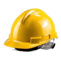 Fototapeta premium A yellow hard hat, also known as a safety helmet, designed for construction workers and other professionals requiring head protection. The helmet is isolated on a white background