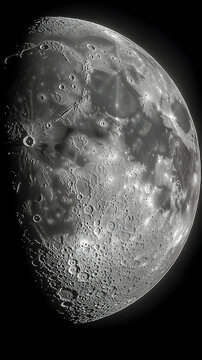 Detailed close-up of the moon showcasing its craters and rough surface against a stark black background