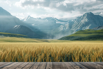 A scenic view of a lush green field in the foreground with a wooden platform, leading to a range of mist-covered mountains under a partly cloudy sky, creating a serene and picturesque landscape.