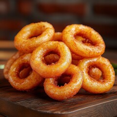 Crispy Golden Fried Onion Rings Served on a Rustic Wooden Platter with Textured Background and Soft Lighting