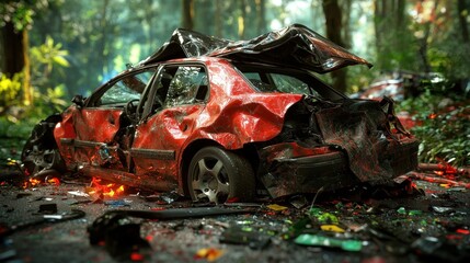 Fototapeta premium Damaged car wreck in a tropical forest, debris everywhere, accident scene