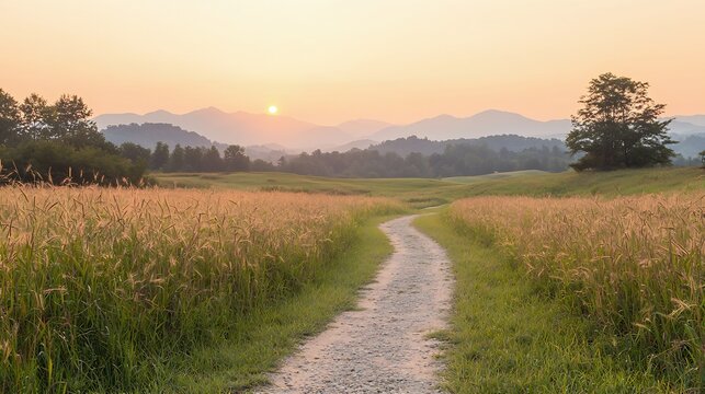 Gravel Path Through Grassy Fields at Sunset