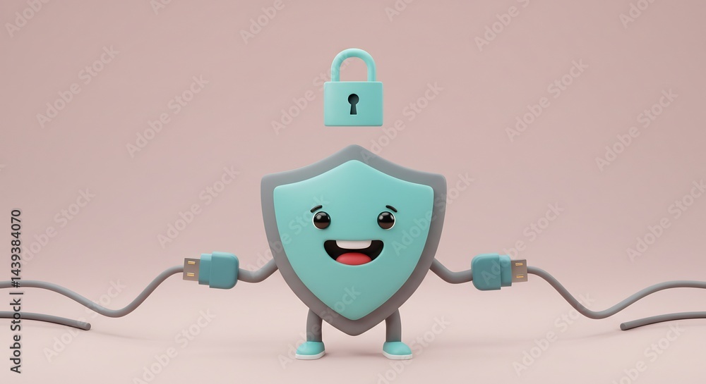 Poster cartoon shield securing connection with padlock floating above