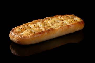 Product photo of garlic bread, on dark background