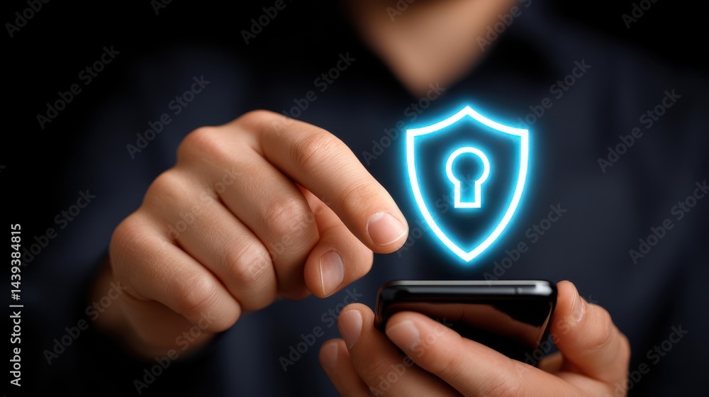 Poster close up view of a businessperson s finger tapping on a glowing digital security shield icon display