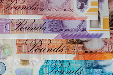 The word Pounds on the bank notes of the United Kingdom currency, Pound Sterling.