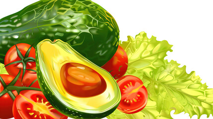 A vibrant assortment of fresh vegetables including sliced avocado, crisp lettuce, and juicy cherry tomatoes. The colors and textures highlight the freshness and healthiness of the ingredients.