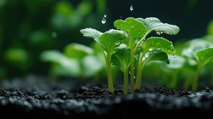 Freshly planted seedlings, vibrant green leaves, nurtured in soil, droplets of water