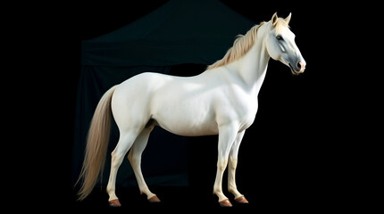 Hazrat Hussain, Muharram 10, Ashura Day, Muslim Religious Day, Islamic Calendar, White Horse with Green Tent on Black Background, Generative Ai