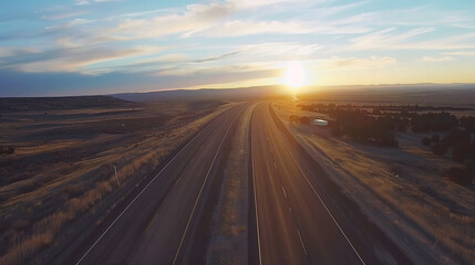A striking aerial view of a highway stretching through a vast desert landscape under a golden sunset. The warm hues and long shadows create a dramatic and serene atmosphere.