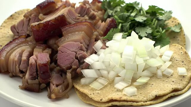 Carnitas Aromatic Slow Cooked Pork Dish with Tortillas Onions and Cilantro Served on White Background Ready for Tacos Perfect to Represent Mexican Cuisine and Culinary Traditions