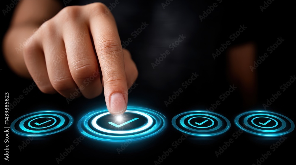 Poster close up view of a hand using a finger to select or check off items displayed on a futuristic glowin