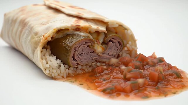 Chili Relleno Burrito with Salsa on White Table Eye Level Close Up A Hearty Mexican Cuisine with Cheese Rice and Pepper
