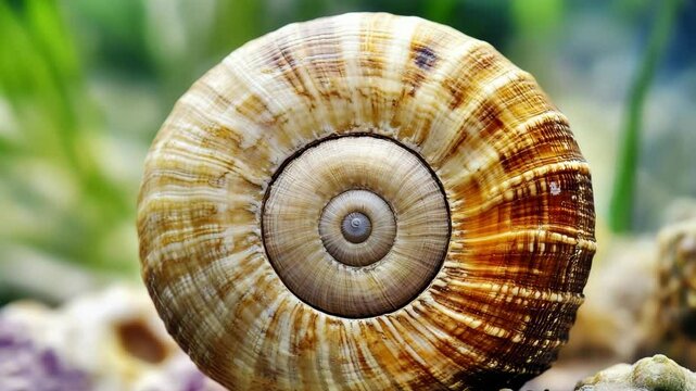 Close-up of a beautiful spiral shell resting on a coral reef with vibrant marine vegetation in a serene underwater setting