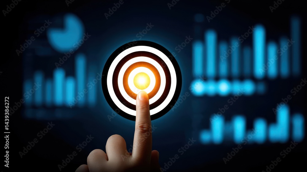 Poster closeup of a businessman s hand touching a luminous target icon displayed on a digital screen with f