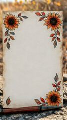A paper framed by sunflowers with autumn leaves resting on stone beside an elegant pen