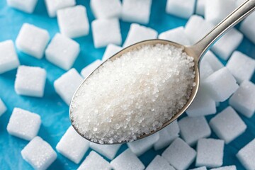 Close up of Granulated Sugar Cubes and Spoonful of Sugar on Blue Background