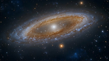 Obraz premium A swirling cosmic island of stars Hues of gold and blue light years away in space among countless stars