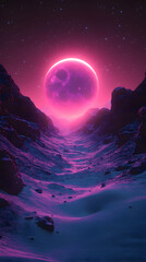 A surreal landscape with a massive pink planet rising over a valley with rock formations under a starry sky
