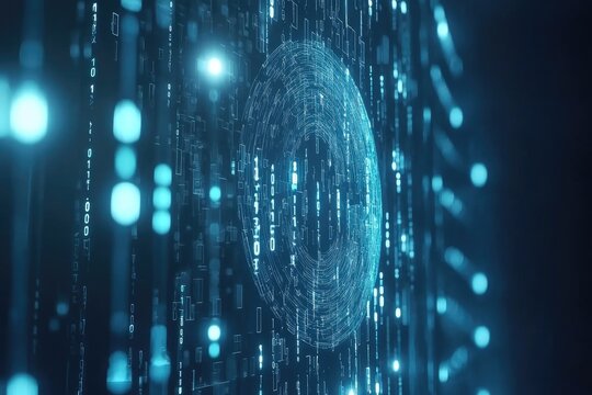 Abstract digital sphere within binary code matrix - Powered by Adobe