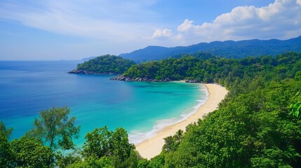 Fototapeta premium Stunning tropical beach landscape with lush green foliage and turquoise water sea sky sun sand view